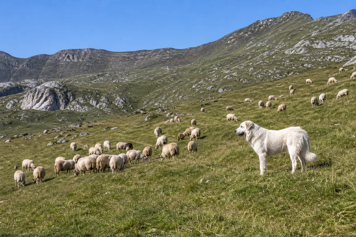 Grand chien blanc de type montagne des Pyrénées couché au milieu d un troupeau de brebis sur un alpage