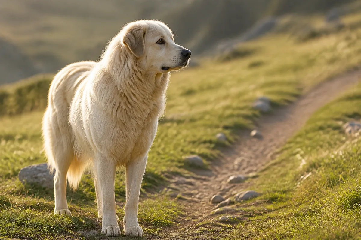 Grand chien de troupeau au poil clair debout dans l herbe rase, oreilles dressées, museau tourné vers le sentier