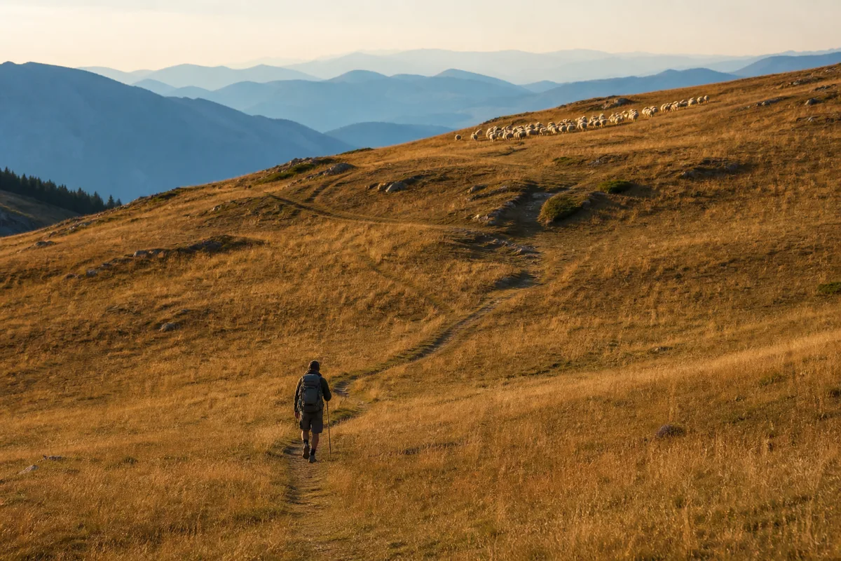 Randonneur de dos qui contourne largement un troupeau de moutons par un sentier en contrebas