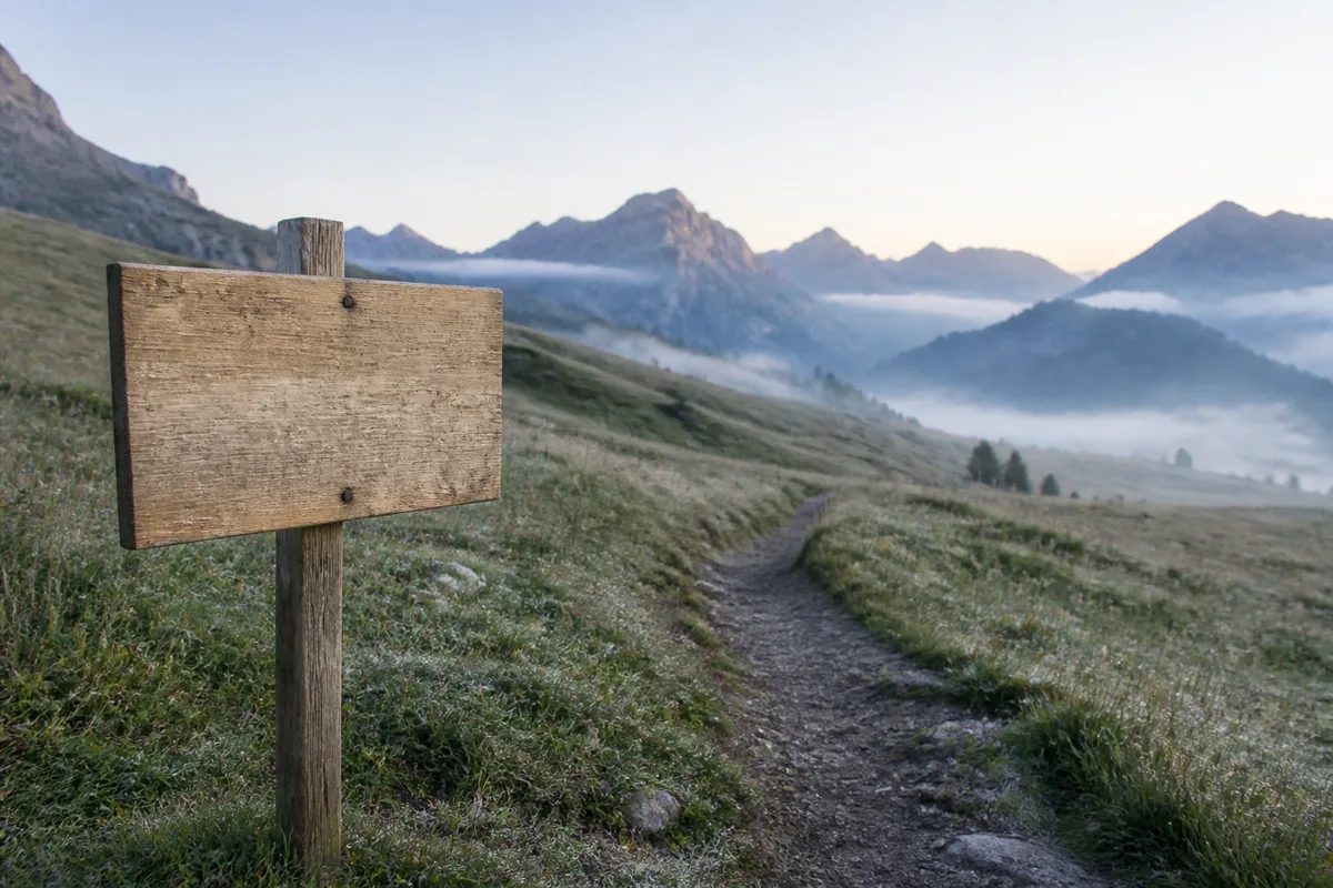 Panneau de bois au départ d un sentier de montagne devant une prairie d altitude au lever du jour
