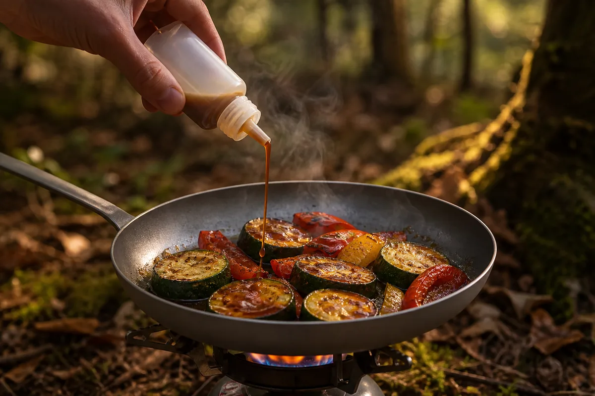 Poêle en titane sur un réchaud allumé avec légumes coupés épais et petit flacon souple