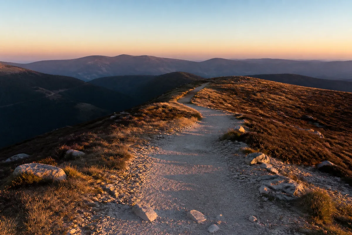 Sentier de montagne désert en fin de journée après une longue marche