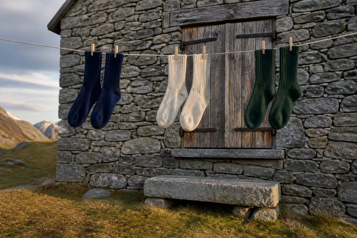 Chaussettes de laine unies séchant sur une corde devant un refuge en pierre