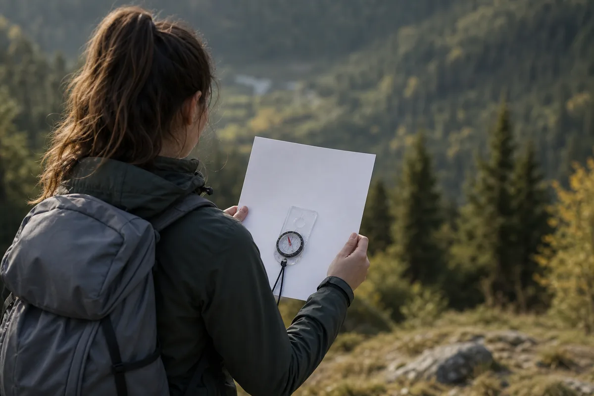 Randonneuse orientant sa carte topographique avec une boussole de visée posée dessus