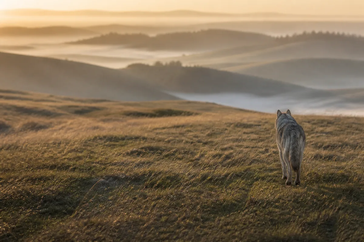 Un loup gris s&rsquo;éloigne au trot sur une pente d&rsquo;herbe rase dans la brume matinale