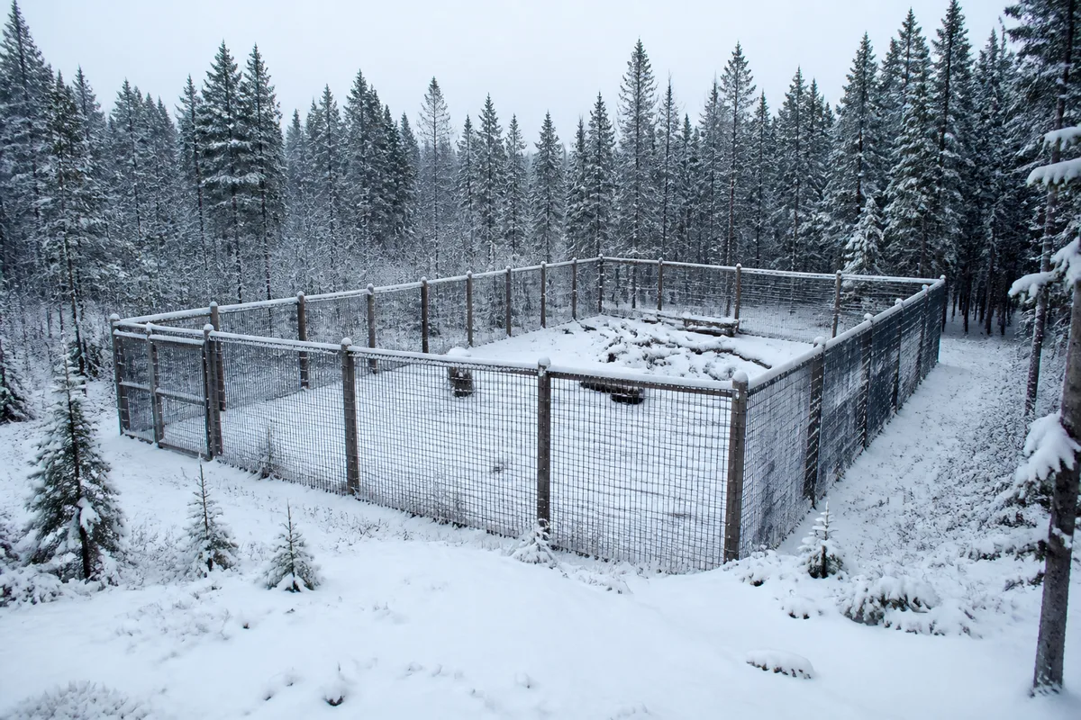 Enclos grillagé enneigé en lisière de forêt de conifères, poteaux de bois et neige fraîche