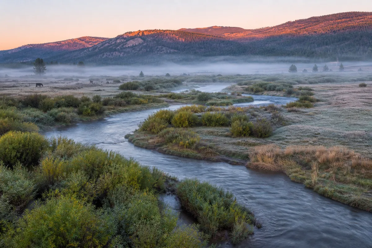 Vallée de montagne au lever du jour, méandre de rivière bordé de saules bas et brume au ras du sol