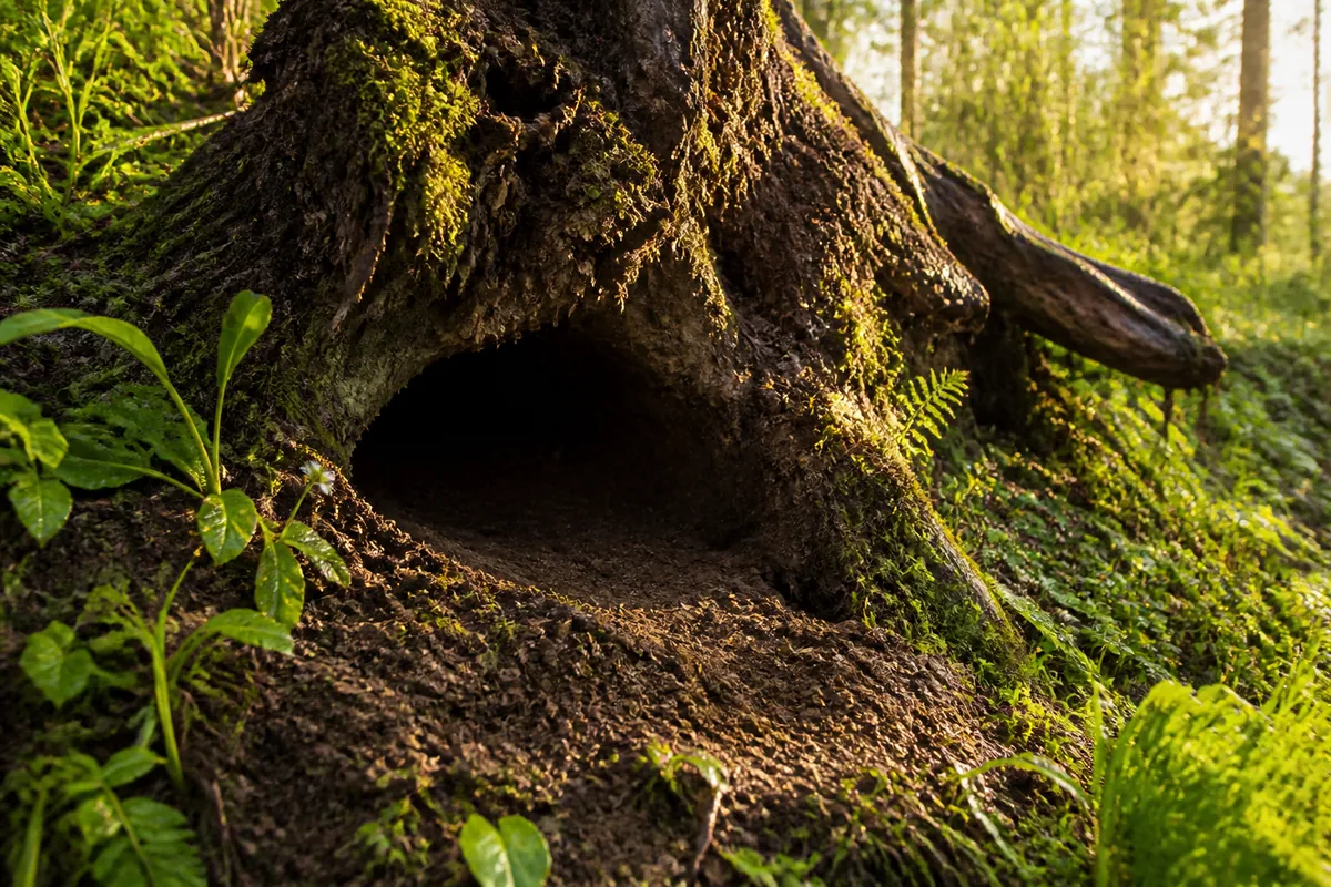 Entrée de tanière creusée sous une souche, lumière rasante de printemps