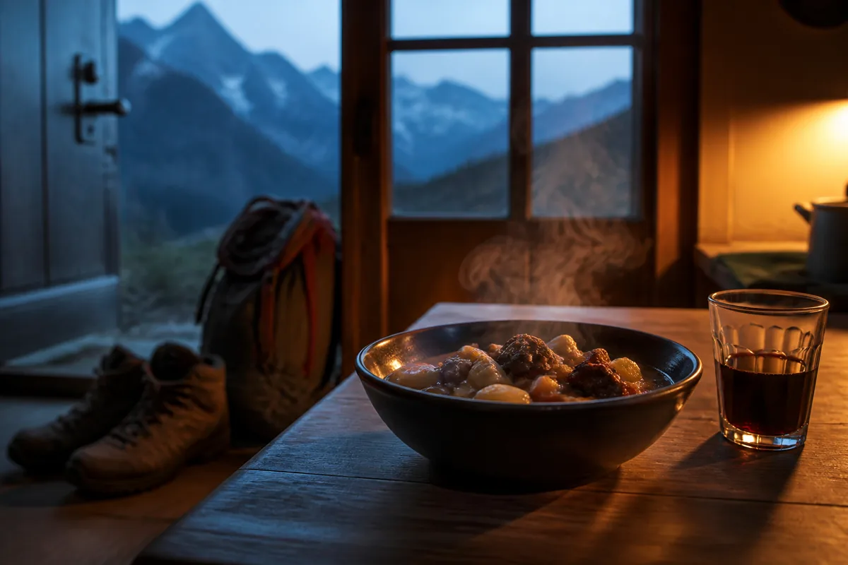 Table de cuisine au crépuscule, chaussures de marche posées près de la porte