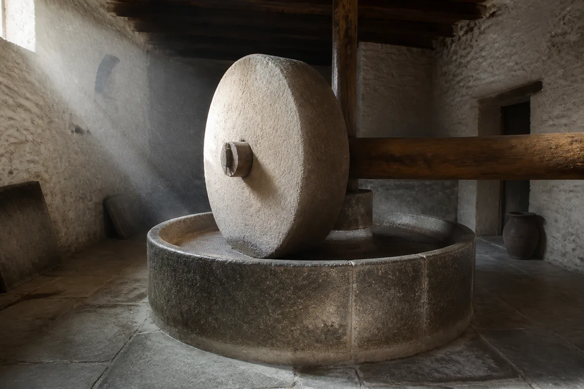 Meule de pierre verticale d’un moulin à huile dans une salle vide